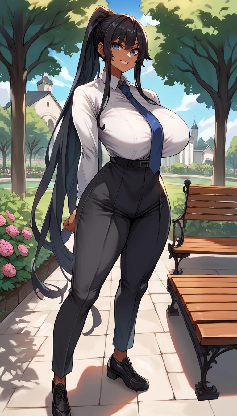 score_9,score_8_up,score_7_up,score_6_up,score_5_up,score_4_up,(source_anime),1girl,solo,long hair,breasts,looking at viewer,standing,dynamic pose,smile,blue eyes,black business suit,black business pants,black business boots,red necktie,((black hair)),ponytail haircut,very long hair,dark skin,huge breasts,thick hips,muscular body,muscular hip,muscular legs,pretty face,extremely detailed face, (outdoors, garden, garden bench, blooming trees, gothic church),super detail,high quality