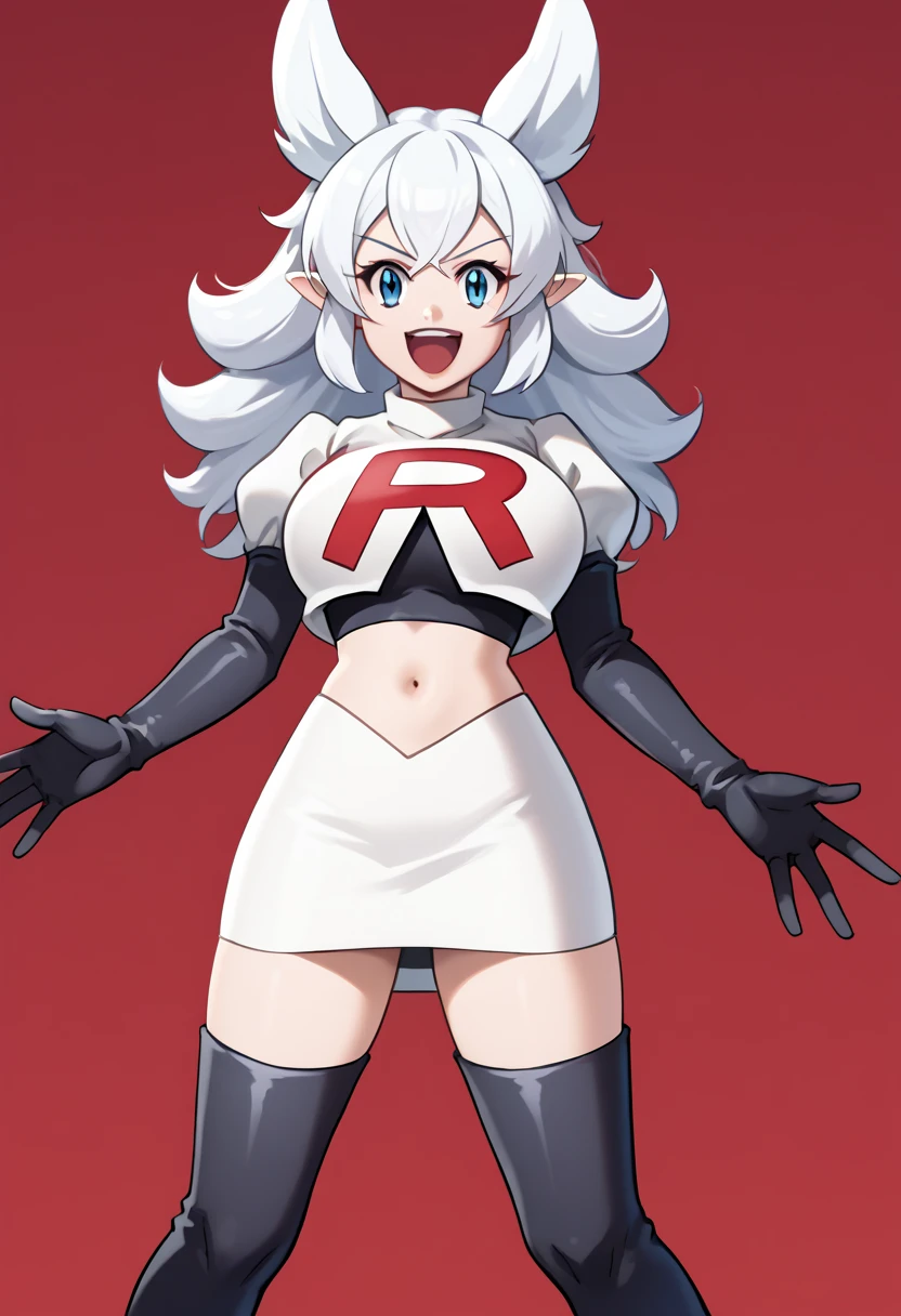 score_9, score_8_up, score_7_up, source_anime, solo, 1girl, lv2fenrys, happy, looking at viewer, open mouth, white hair, large hair, animal ears, pointy ears, team rocket,team rocket uniform,white skirt,red letter R,crop top,black thigh-highs,black elbow gloves, large breasts,  