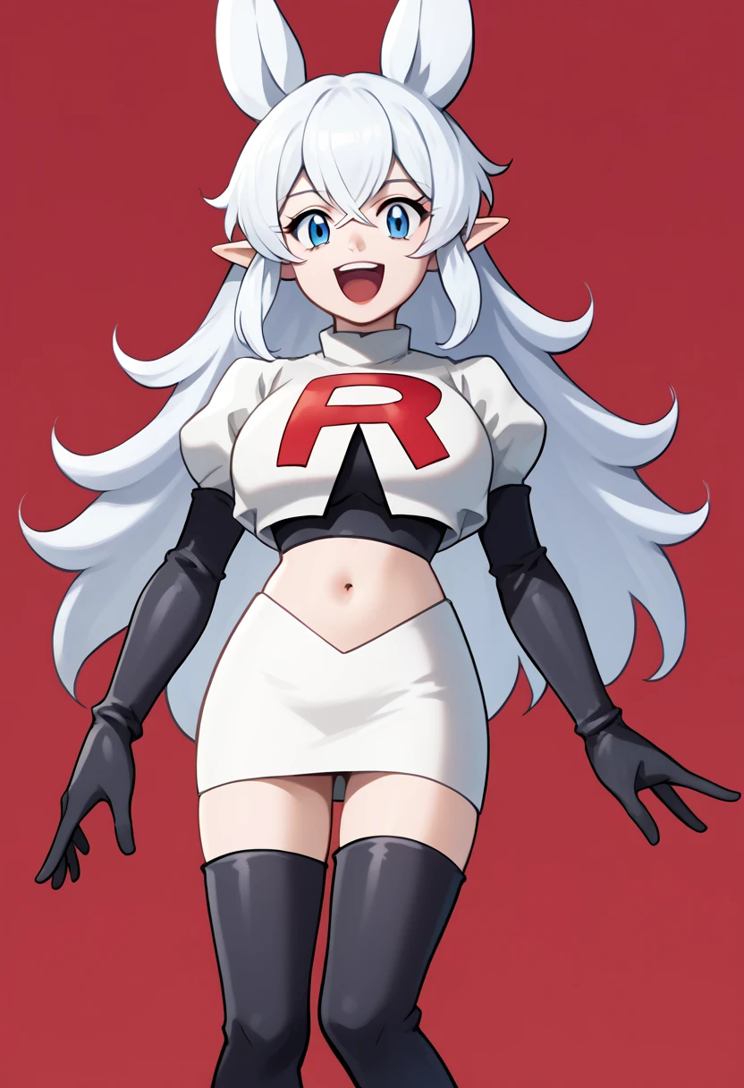 score_9, score_8_up, score_7_up, source_anime, solo, 1girl, lv2fenrys, happy, looking at viewer, open mouth, white hair, large hair, animal ears, pointy ears, team rocket,team rocket uniform,white skirt,red letter R,crop top,black thigh-highs,black elbow gloves, large breasts,  