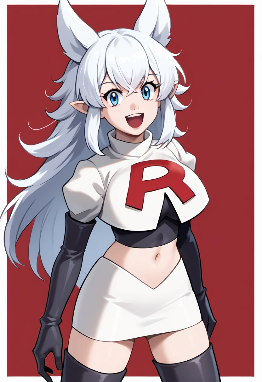 score_9, score_8_up, score_7_up, source_anime, solo, 1girl, lv2fenrys, happy, looking at viewer, open mouth, white hair, large hair, animal ears, pointy ears, team rocket,team rocket uniform,white skirt,red letter R,crop top,black thigh-highs,black elbow gloves, large breasts,  