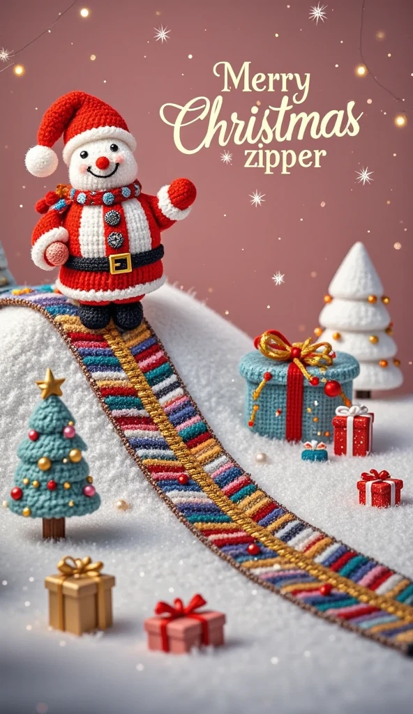 Woolen yarn , hand woven, Micro Landscape， are arranged neatly in a dynamic angle 。 A snowman in a Christmas costume walks along the zipper teeth {x} Each zipper tooth exquisitely shows its unique luster、 shape and connection structure 。 with its texture and color with metallic teeth Complementing each other ， zippers are cleverly arranged A metallic snowy mountain ， create visual contrast with 。 In this scene, ， The valleys between these snowy mountains are made up of zipper straps ， The zipper elements ， as if carrying out a special mission 。 The whole scene is filled with a Christmas atmosphere ， The minimalist design highlights the zipper element ， unique images at macro 。also， and some floating gifts 、Christmas tree、coin、Cart、Shopping bags and other elements ，Adds to the festive atmosphere。 with pink as the background ，capturado com uma lente grande angular， creates a rich holiday visual effect , 1mxsdfg1