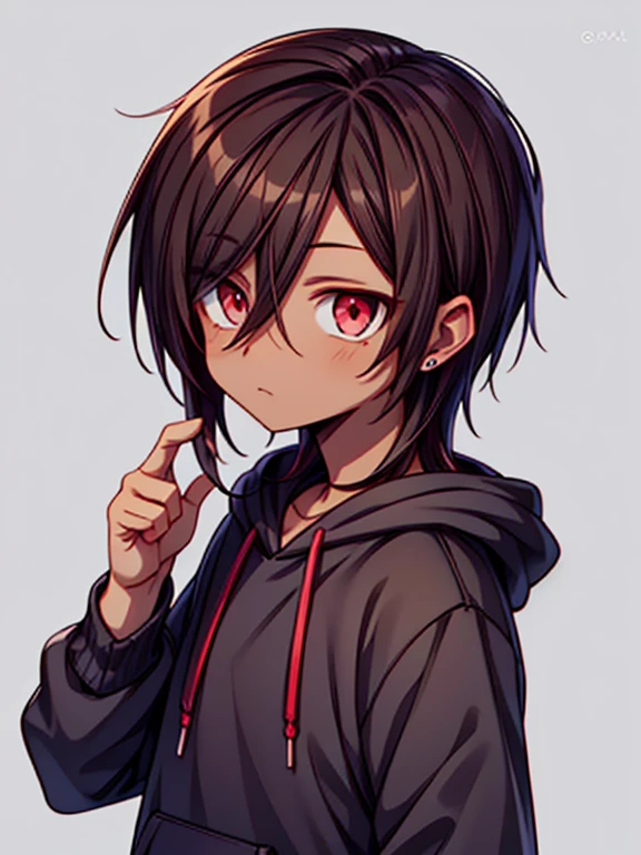 dark skin, male, (((medium dark brown hair))), big red eyes and a very  androgynous face, wearing a black hoodie,