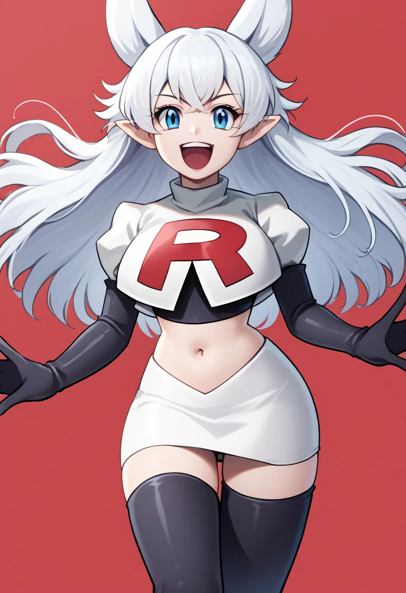 score_9, score_8_up, score_7_up, source_anime, solo, 1girl, lv2fenrys, happy, looking at viewer, open mouth, white hair, large hair, animal ears, pointy ears, team rocket,team rocket uniform,white skirt,red letter R,crop top,black thigh-highs,black elbow gloves, large breasts,  