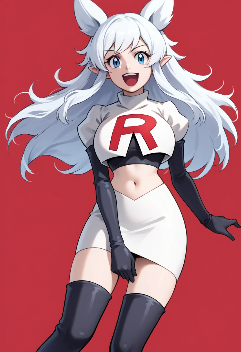 score_9, score_8_up, score_7_up, source_anime, solo, 1girl, lv2fenrys, happy, looking at viewer, open mouth, white hair, large hair, animal ears, pointy ears, team rocket,team rocket uniform,white skirt,red letter R,crop top,black thigh-highs,black elbow gloves, large breasts,  