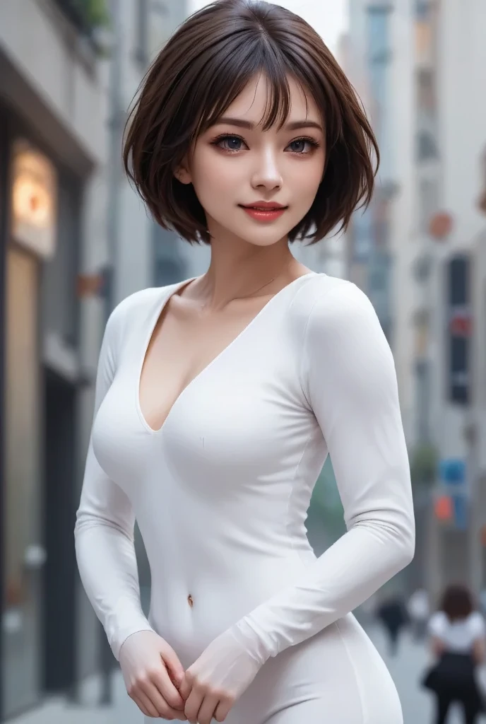 1 girl (30yo) , upper body, slim waist, small breast, sexy pose, naugthy face, bangs, random hairstyle, cleavage,, , seductive smile, wear white dress, gray background,full body shot