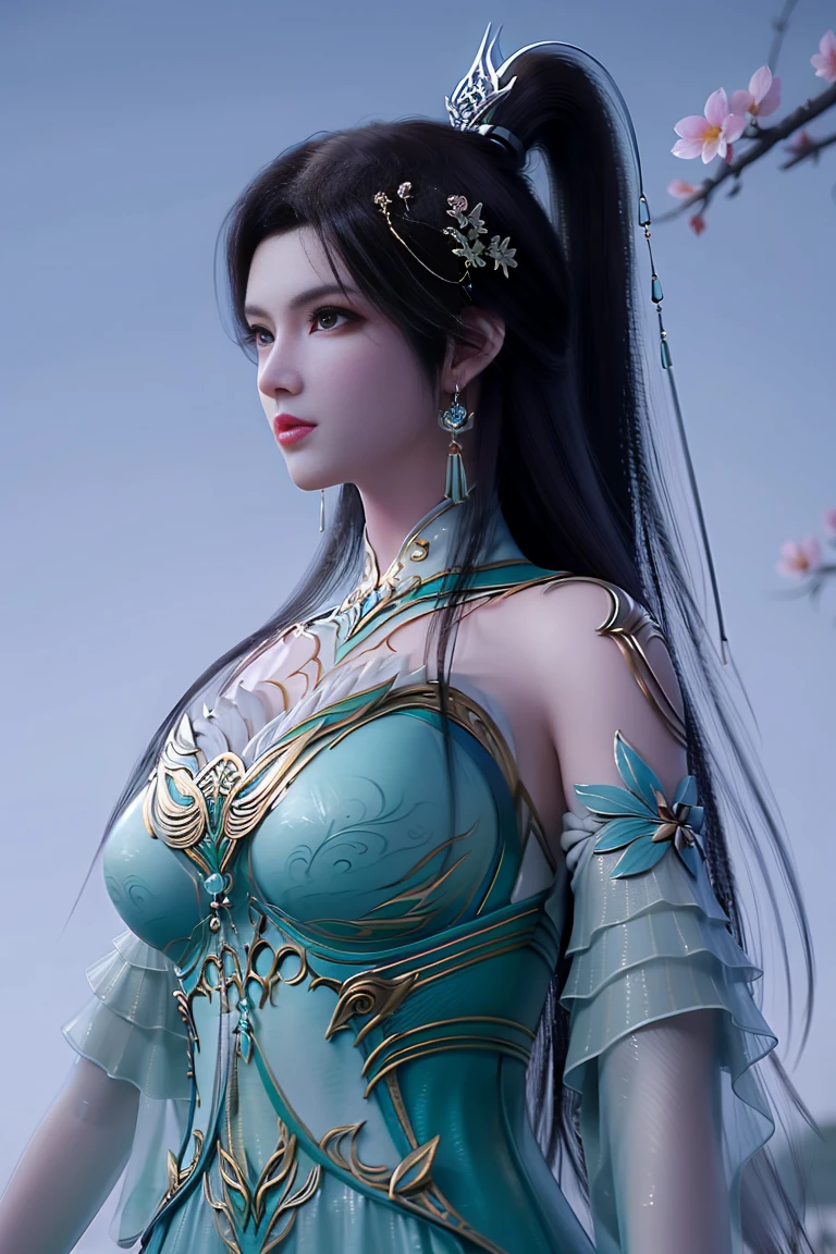 (masterpiece), (best quality: 1.5), 8k, Very perfect, Very smooth, (Very clear:1.3), Very detailed, ferpect detailed, absurd, high,
xuner,1 girl, solo, black hair, long hair, ponytail, hair decoration, green dress, gold decoration, (sleeve length:1.1), see-through sleeves, detached collar, shiny clothes, shiny skin, earrings, jewelry , closed mouth, small smile, breasts, (pale skin:1.2), thin, narrow waist, (Glowing skin), (oil skin), (Pale skin),(Wet skin),
(gloss:1.3), slender legs, high heels, wind lifter, dynamic pose, branch, (plum blossom: 1.2), blue sky, (upper body:1.3), ferpect lighting, (Looking viwer:1.5), (big breasts:1.5), 