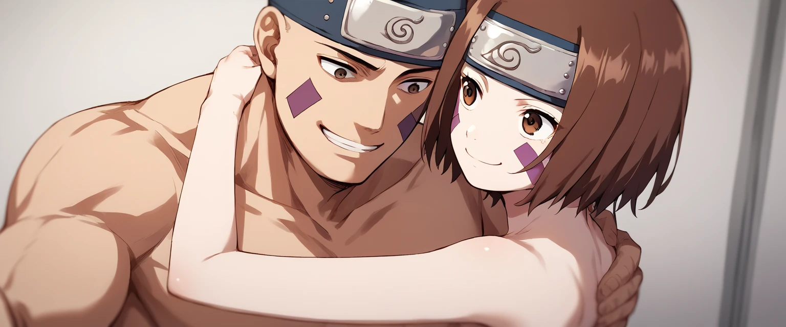 BREAK, source_anime,
upper body, 1 young girl, nohara rin, brown hair, short hair, brown eyes, smaller girl, naked, facial markings, forehead protector, beautiful legs, beautiful body, naked, konohagakure background, smile, BREAK 1boy, white skin, netorare, taking a selfie, hug, taller male, bigger male, adult male, bald male, bald boy