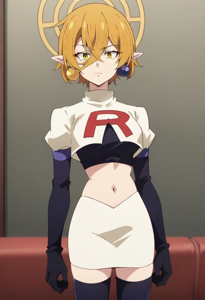 hiya, pointy ears, 1girl, earrings, jewelry, blonde hair, solo, hair between eyes, short hair, halo, yellow eyes , looking at viewer, score_9, score_8_up, score_7_up, , anime coloring ,BREAK source_anime, anime, team rocket,team rocket uniform,white skirt,red letter R,crop top,black thigh-highs,black elbow gloves