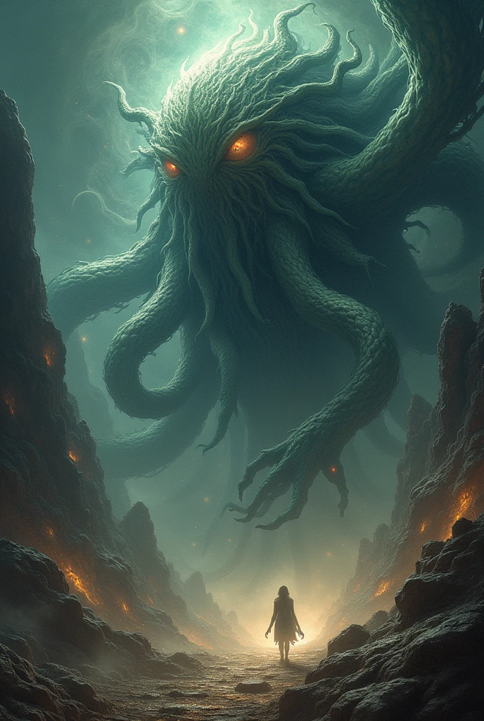 Antique painting，Chinese deities，White streamer，Giant creatures，White Lotus，Lovecraftian gods，Cthulhu gods。Lovecraft atmosphere，Lovecraftian inspiration，Cloudy，Distant skies。Similar works by Dai Dunbang。
