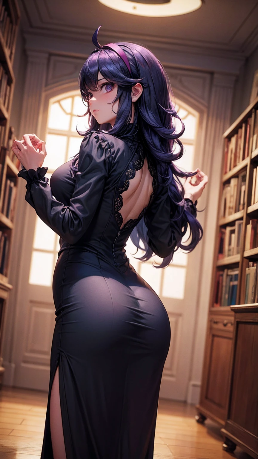 great masterpiece, (Unreal Engine), reality:1.5, Ultra-fine, Rich Contrast, High Quality, 8k, Hi-Res Texture, Amazing Absolute Resolution, Advanced Settings, colorful, Clear Images, DIGITAL BLENDING, (Hasselblad Photography, Distorted angle of view), 

beautiful woman, hex maniac,  headband,  messy hair,  purple eyes, Purple Hair, purple  headband, @ @,
black  dress,  dress, long  dress,  Long Sleeve ,  Juliet sleeve,correct,

indoor, library,  bend your back,
viewers, cowboy shot, Dutch angle to the side,