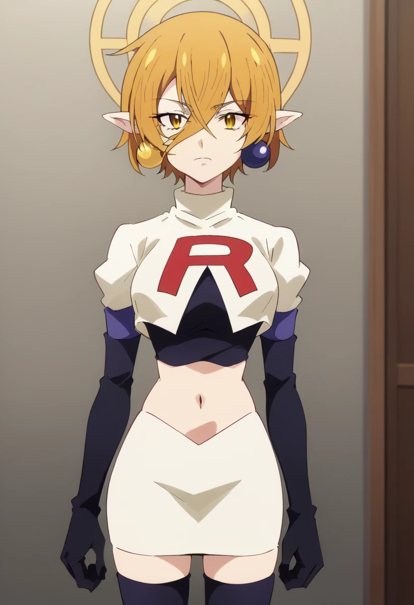 hiya, pointy ears, 1girl, earrings, jewelry, blonde hair, solo, hair between eyes, short hair, halo, yellow eyes , looking at viewer, score_9, score_8_up, score_7_up, , anime coloring ,BREAK source_anime, anime, team rocket,team rocket uniform,white skirt,red letter R,crop top,black thigh-highs,black elbow gloves