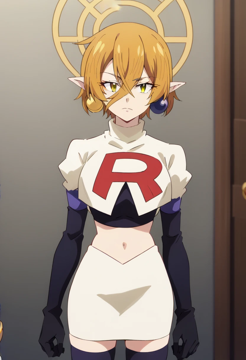 hiya, pointy ears, 1girl, earrings, jewelry, blonde hair, solo, hair between eyes, short hair, halo, yellow eyes , looking at viewer, score_9, score_8_up, score_7_up, , anime coloring ,BREAK source_anime, anime, team rocket,team rocket uniform,white skirt,red letter R,crop top,black thigh-highs,black elbow gloves