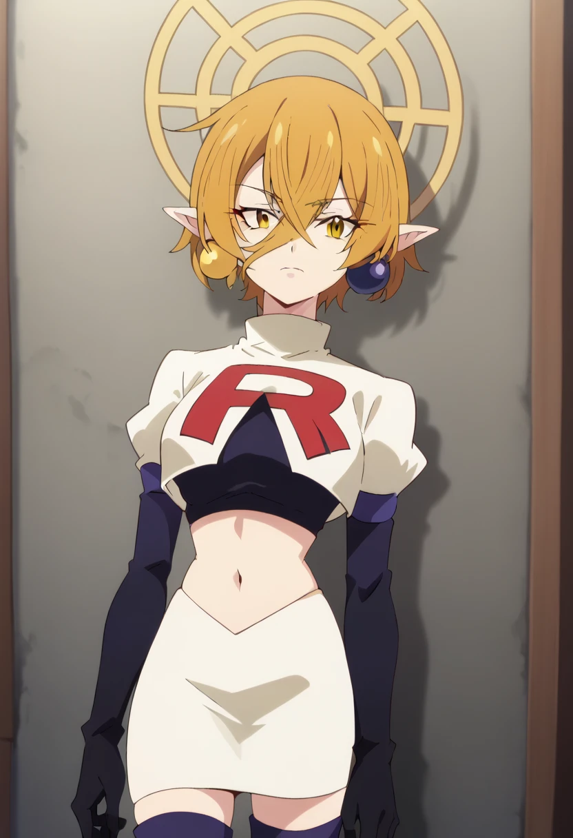 hiya, pointy ears, 1girl, earrings, jewelry, blonde hair, solo, hair between eyes, short hair, halo, yellow eyes , looking at viewer, score_9, score_8_up, score_7_up, , anime coloring ,BREAK source_anime, anime, team rocket,team rocket uniform,white skirt,red letter R,crop top,black thigh-highs,black elbow gloves