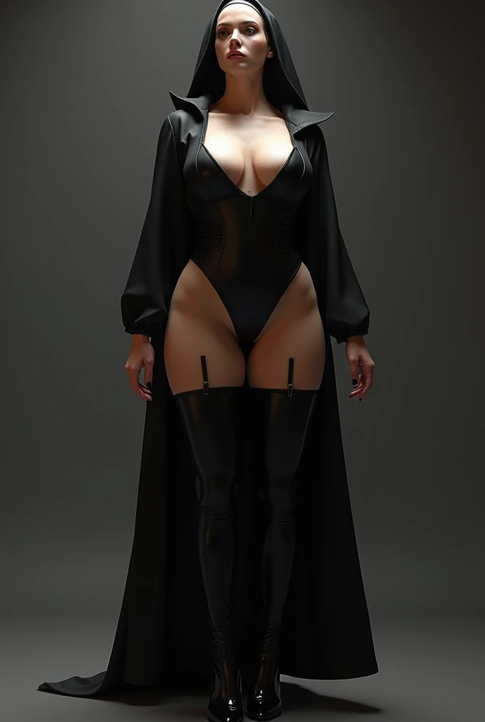 asian, full body view, very long black hair ponytail, latex black red details corset high cut leotard, body harness, thigh high tall platform boots, long black latex gloves, extreme thin waist, large hips, large , black lipstick and mascara, gothic makeup, black fishnet tights, black bodystockings