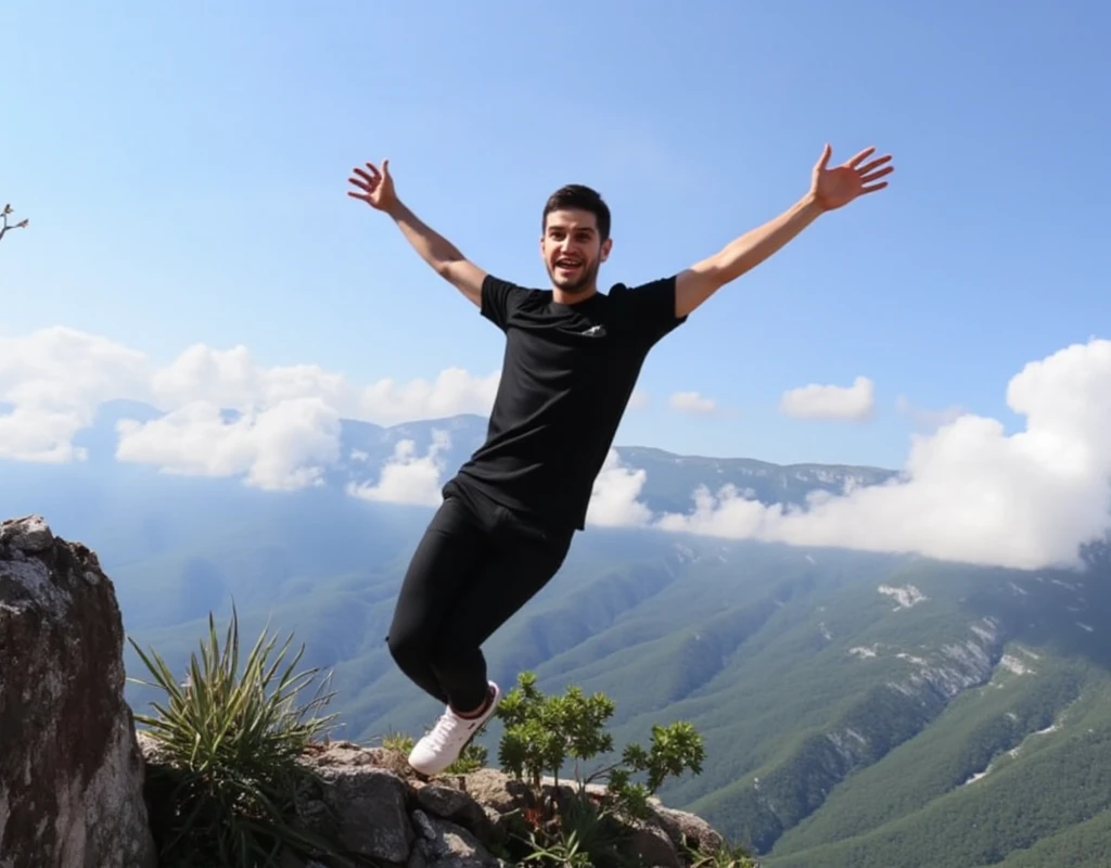 a photography of adrianm, (adrianm:1.5), wearing a black t-shirt, he is flying with his arms extended, he is smiling, happy, relaxed, (happy:1.5) at a sunny day, at cerrodelasilla, (cerrodelasilla:1.5), you can see the mountains and the clouds at the background