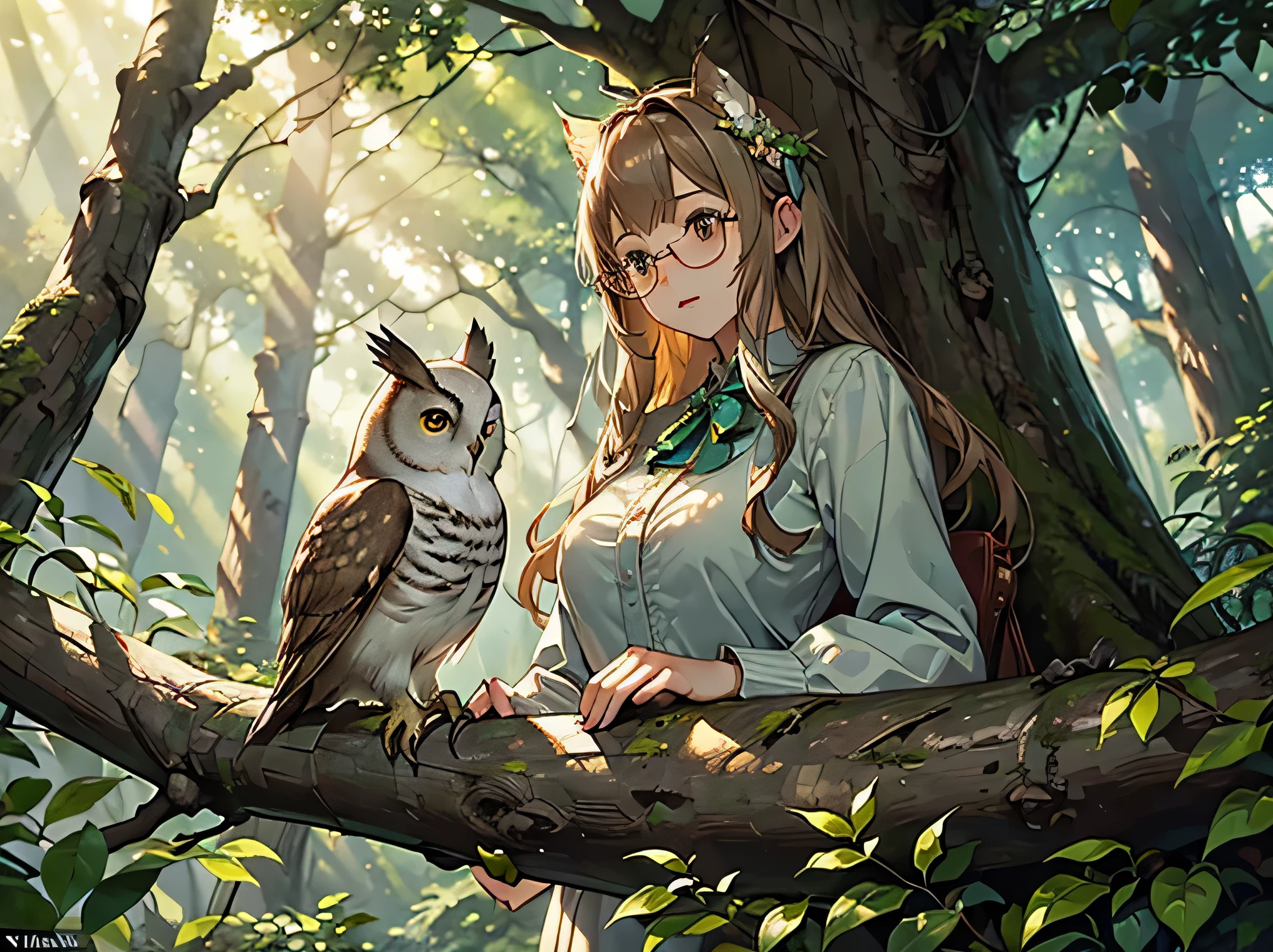 An enchanting illustration depicting a wise owl teacher in a magical forest, perched on a tree branch. The owl is the central figure, with round glasses and a gentle, wise expression. The owl is speaking to a curious little squirrel named Ricky, who looks up attentively with wide, eager eyes. The forest around them is lush and vibrant, with soft sunlight filtering through the trees. In the background, a magical door glows softly, hinting that it will open once the numbers from 1 to 10 are found. The overall atmosphere is whimsical and inviting, with a sense of wonder and adventure. The owl's presence should be prominent, making it the focal point of the scene