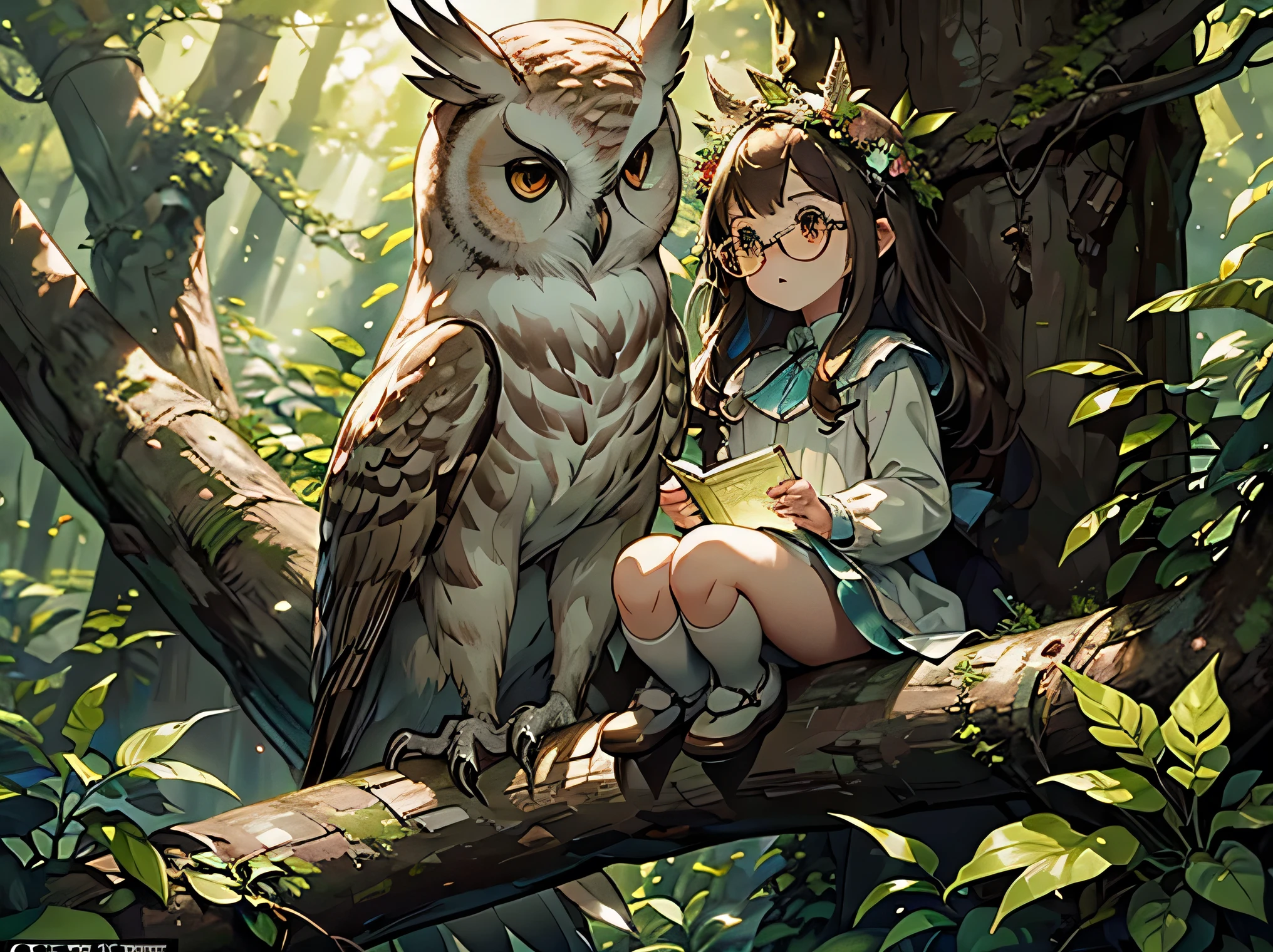 An enchanting illustration depicting a wise owl teacher in a magical forest, perched on a tree branch. The owl is the central figure, with round glasses and a gentle, wise expression. The owl is speaking to a curious little squirrel named Ricky, who looks up attentively with wide, eager eyes. The forest around them is lush and vibrant, with soft sunlight filtering through the trees. In the background, a magical door glows softly, hinting that it will open once the numbers from 1 to 10 are found. The overall atmosphere is whimsical and inviting, with a sense of wonder and adventure. The owl's presence should be prominent, making it the focal point of the scene