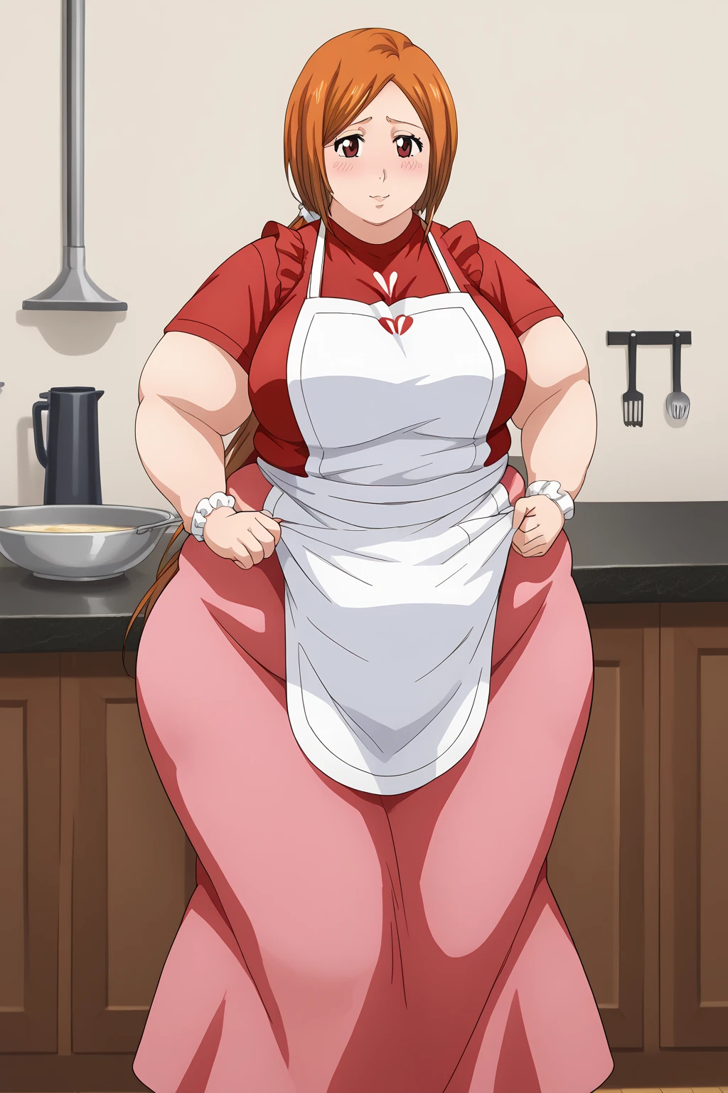 inoue orihime, Orihime Inoue,  long hair,  orange hair, (brown eyes),low ponytail, I'm tying my hair to one at the back, ((Pink Skirt)), Long Skirts,((red blouse t-shirt)), (( white apron)),Long apron, White scrunchie,40 years old,milf,  score_9,  score_8_ up,  score_7_ up,  score_6_ up,  score_5_ up,  score_4_ up,  Masterpiece ,  top quality , Very aesthetic,   absurd,  Source_Anime, Anime screencap , ssbbw,  One Woman 、Alone、 personal ,Curvy、 embarrassing expression 、 kitchen,  in her 20s, chybby、blush, Mature Woman, Fat face, Married Woman,