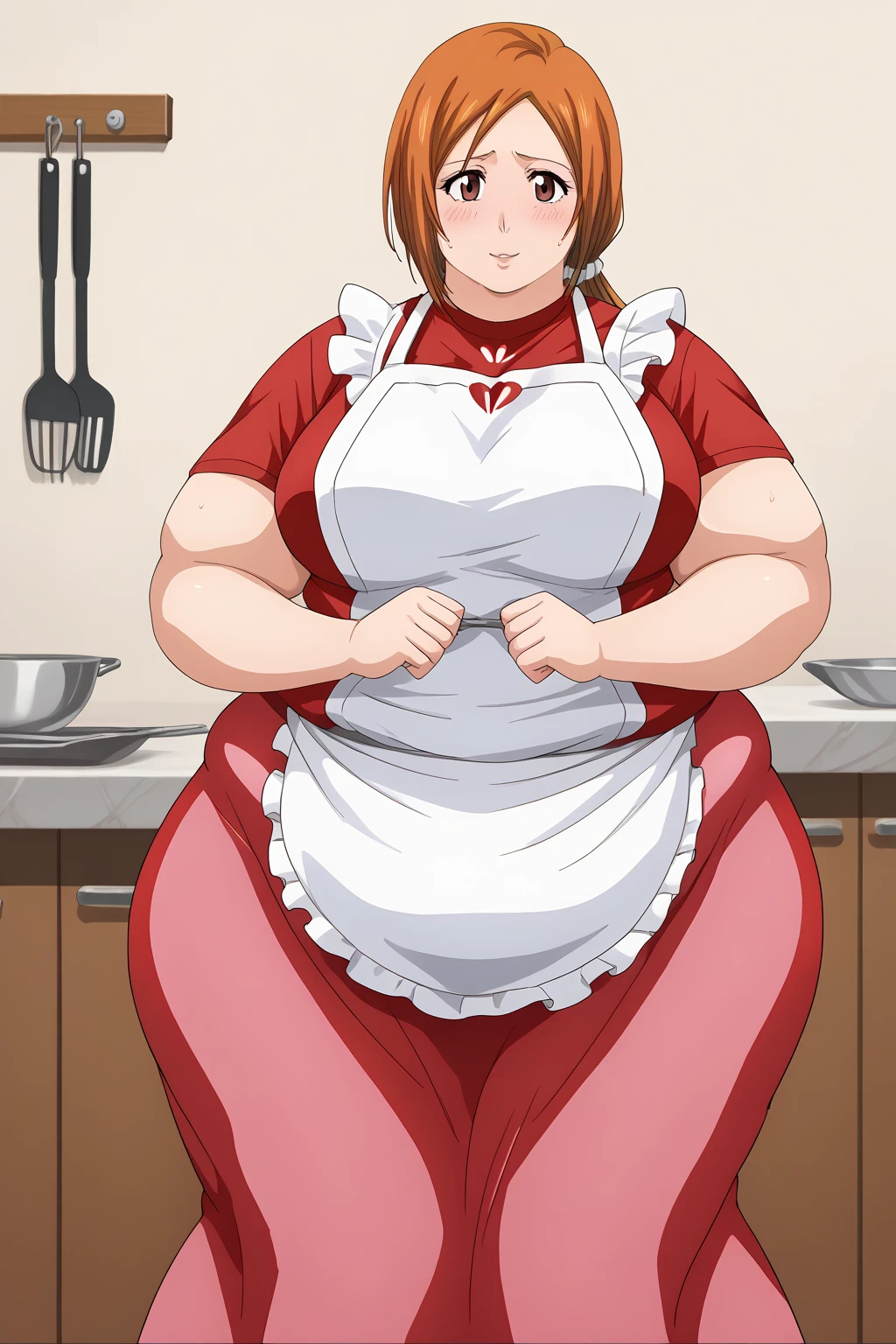 inoue orihime, Orihime Inoue,  long hair,  orange hair, (brown eyes),low ponytail, I'm tying my hair to one at the back, ((Pink Skirt)), Long Skirts,((red blouse t-shirt)), (( white apron)),Long apron, White scrunchie,40 years old,milf,  score_9,  score_8_ up,  score_7_ up,  score_6_ up,  score_5_ up,  score_4_ up,  Masterpiece ,  top quality , Very aesthetic,   absurd,  Source_Anime, Anime screencap , ssbbw,  One Woman 、Alone、 personal ,Curvy、 embarrassing expression 、 kitchen,  in her 20s, chybby、blush, Mature Woman, Fat face, Married Woman,