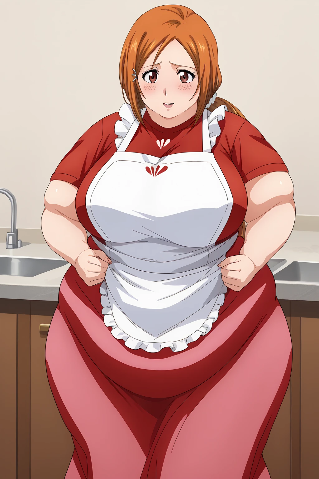 inoue orihime, Orihime Inoue,  long hair,  orange hair, (brown eyes),low ponytail, I'm tying my hair to one at the back, ((Pink Skirt)), Long Skirts,((red blouse t-shirt)), (( white apron)),Long apron, White scrunchie,40 years old,milf,  score_9,  score_8_ up,  score_7_ up,  score_6_ up,  score_5_ up,  score_4_ up,  Masterpiece ,  top quality , Very aesthetic,   absurd,  Source_Anime, Anime screencap , ssbbw,  One Woman 、Alone、 personal ,Curvy、 embarrassing expression 、 kitchen,  in her 20s, chybby、blush, Mature Woman, Fat face, Married Woman,