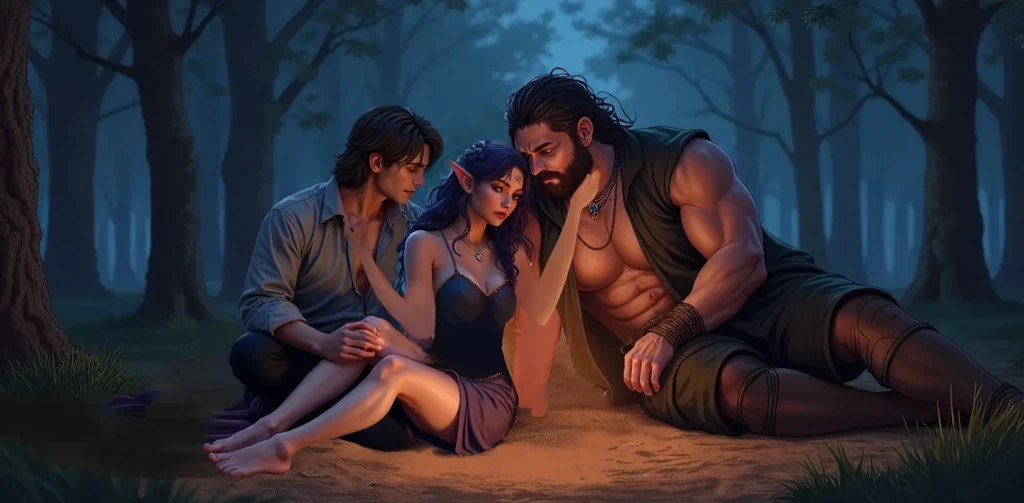 a female elf with long Dark purple Color hair. She has very long hair with these small braids and adornments. Relaxed, slightly sexy dark camp clothing. special eyes, a nice lip shape and a slender build with slim waist are important to me. She is leaning againt a tall, big man, tiefling blacksmith with horns, who has his arms around her. Big muscles, big built. Sitting close, on the dirt ground. Another man with long dirty blonde hair, her legs are propped up on his lap. Dnd artstyle, digital illustration. 8k resolution. In a night time setting. with a campfire. Far shot, with background in sight. front view. Dark forest, romantic lighting Dnd artstyle, digital art, 8k resolution, stunning. Dnd artstyle, 2 people, digital illustration, brushstrokes