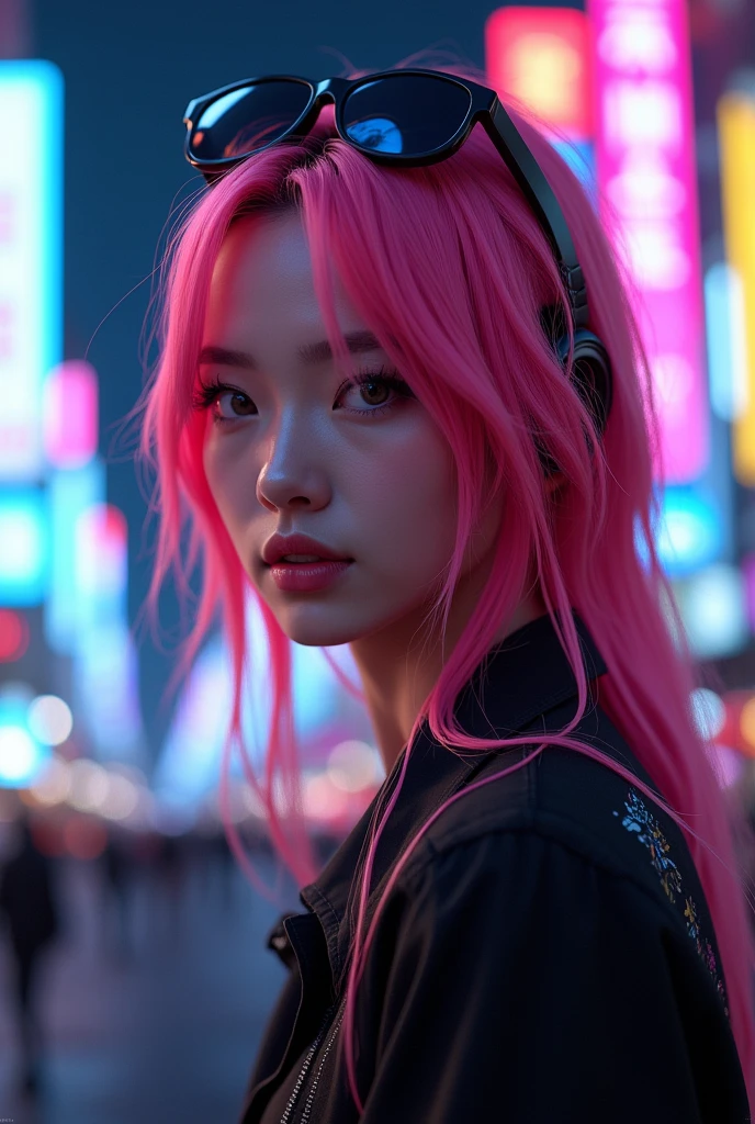 Beautiful woman with long pink hair( Unconventional Fashion), There is a red flower in front of her、Covering one eye and part of the face。., Natural light,Sitting in the neon lights of New York , summer、Bright colors, Bokeh style, Styles of ultra-fine details, High quality photos,long range shooting