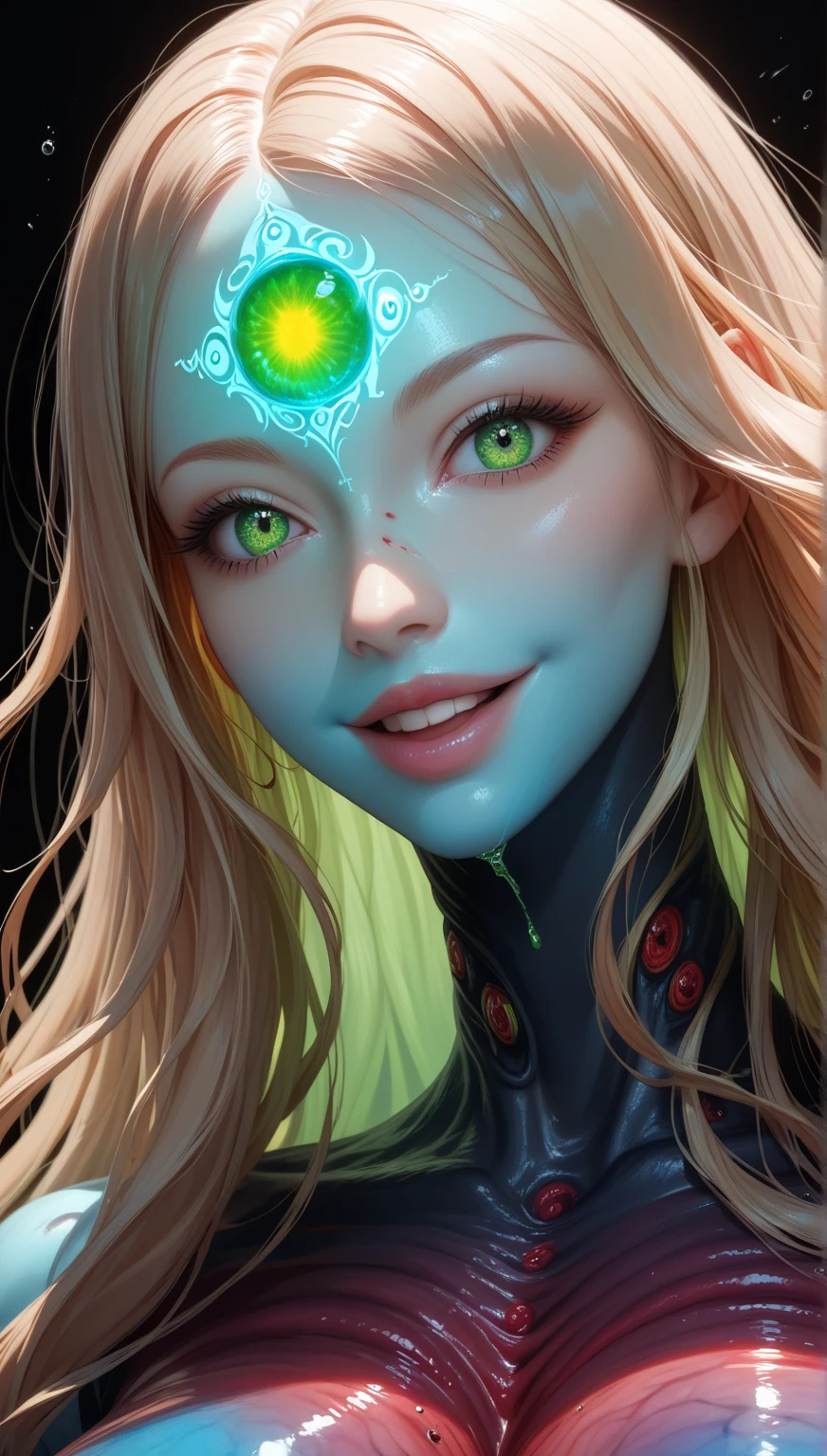 blue glowing skin tone woman from the bottom of the sea, phosphorescent skin, black long hair, detailed glowing green eyes, detailed face, beautiful face, happy face, detailed body, green low light from the bloody ground, black background with an eldritch abomination awaiting, really low illumination, luminescent, 8K, HD,