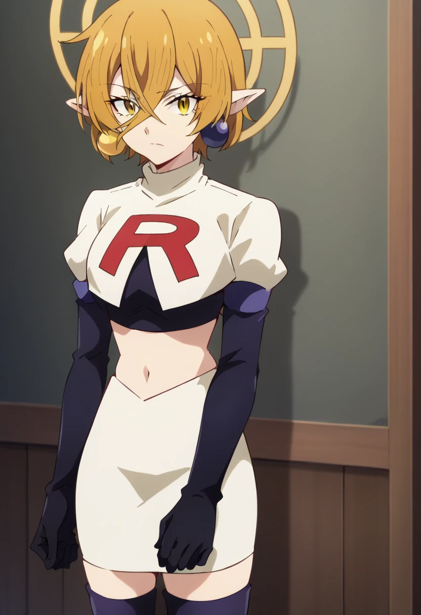 hiya, pointy ears, 1girl, earrings, jewelry, blonde hair, solo, hair between eyes, short hair, halo, yellow eyes , looking at viewer, score_9, score_8_up, score_7_up, , anime coloring ,BREAK source_anime, anime, team rocket,team rocket uniform,white skirt,red letter R,crop top,black thigh-highs,black elbow gloves