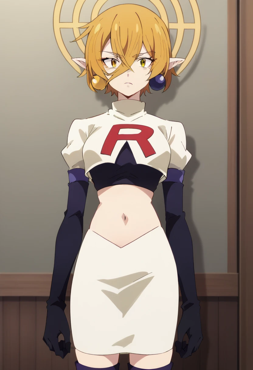 hiya, pointy ears, 1girl, earrings, jewelry, blonde hair, solo, hair between eyes, short hair, halo, yellow eyes , looking at viewer, score_9, score_8_up, score_7_up, , anime coloring ,BREAK source_anime, anime, team rocket,team rocket uniform,white skirt,red letter R,crop top,black thigh-highs,black elbow gloves