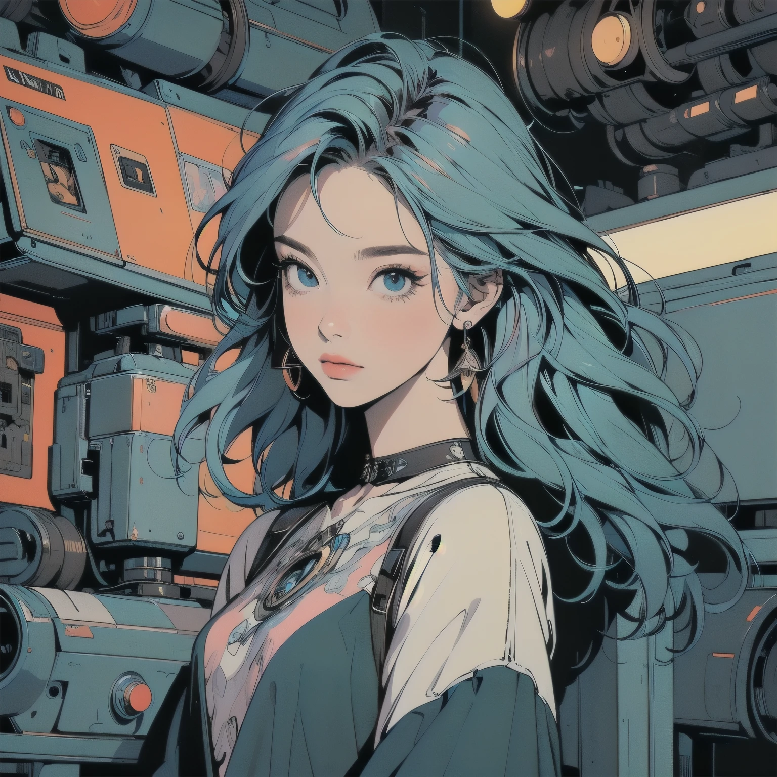 Trigun、people、Beautiful woman、Movie Posters、Upper Body、Model pose、mysterious、Small breasts、Short sleeve、(((A detailed and complex drone)))、(((The perfect drone)))、(((Blue Hair Color)))、(((Many eyeballs)))