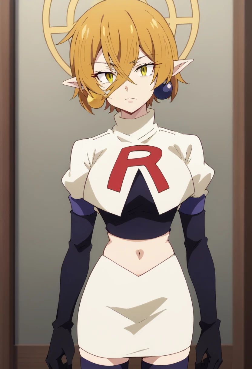 hiya, pointy ears, 1girl, earrings, jewelry, blonde hair, solo, hair between eyes, short hair, halo, yellow eyes , looking at viewer, score_9, score_8_up, score_7_up, , anime coloring ,BREAK source_anime, anime, team rocket,team rocket uniform,white skirt,red letter R,crop top,black thigh-highs,black elbow gloves