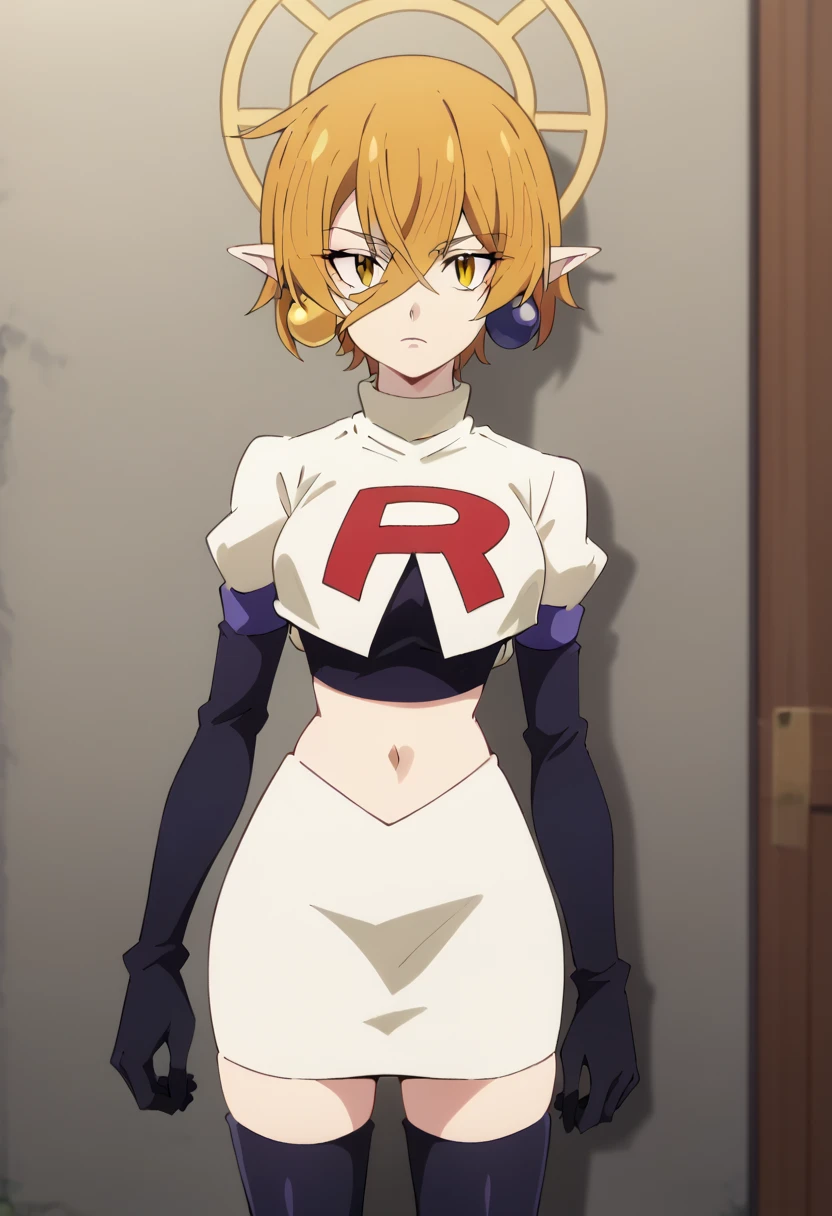 hiya, pointy ears, 1girl, earrings, jewelry, blonde hair, solo, hair between eyes, short hair, halo, yellow eyes , looking at viewer, score_9, score_8_up, score_7_up, , anime coloring ,BREAK source_anime, anime, team rocket,team rocket uniform,white skirt,red letter R,crop top,black thigh-highs,black elbow gloves