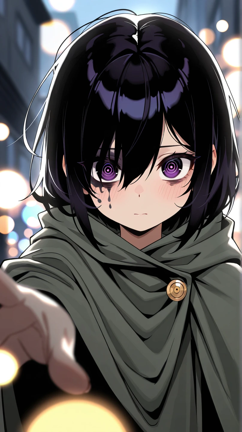  a girl with unkempt hair and dark circles under her eyes, wearing a tattered cloak, "depth field", "bokeh", anime style, atmospheric perspective, ultra high resolution, retina, masterpiece, accurate, anatomically correct, super detailed , high detail, high quality, top quality, high resolution, 1080P, 16k