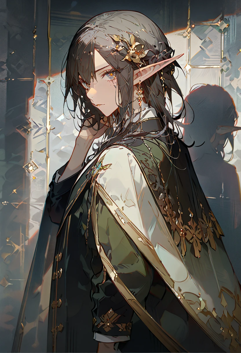 ((masterpiece), (best quality), (8k) ,(4k)) , Solo, ((male), (elf), (long ears elf)), ((dark grayish hair), (dark greenish eyes), (hair ornament)), ((finely detailed eyes and detailed face), (looking at viewer), (from side)), ((meticulous clothes), (formal clothes), (combination of white and black coat), (half cape by the shoulders), (patterned clothes)), ((majestic looks), (sharp looks)), shadows, inspired by Asukaziye artist : ask, art style : ask