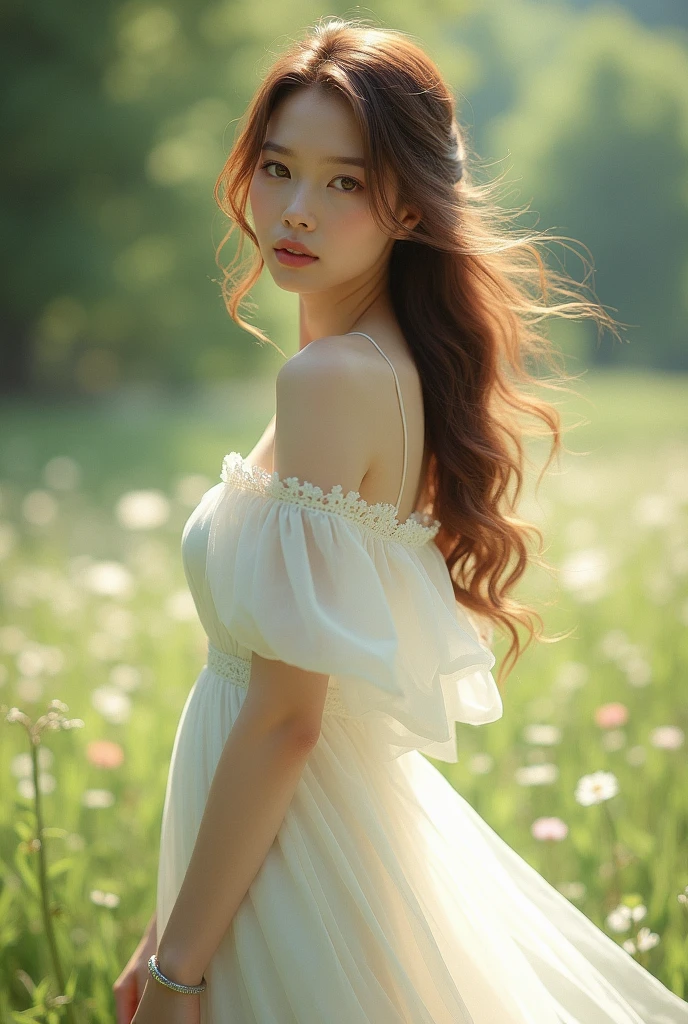 Graceful sexy pretty girl standing in meadow, Delicate face illuminated by the soft light of the setting sun. Her long, Flowing hair runs down your back, Decorated with intricate braids、Adorned with sparkling gemstones. This stunning picture is、、It captures the ethereal beauty of her pretty sexy look. Slender figure in a silk dress、Swaying in the soft steppe breeze. Attention to detail、Face that is、It is evident in the intricate patterns of the dress and the subtle highlights of the luminescence. skin. The breathtaking portrayal of the sexy girl is Create an enchanting atmosphere