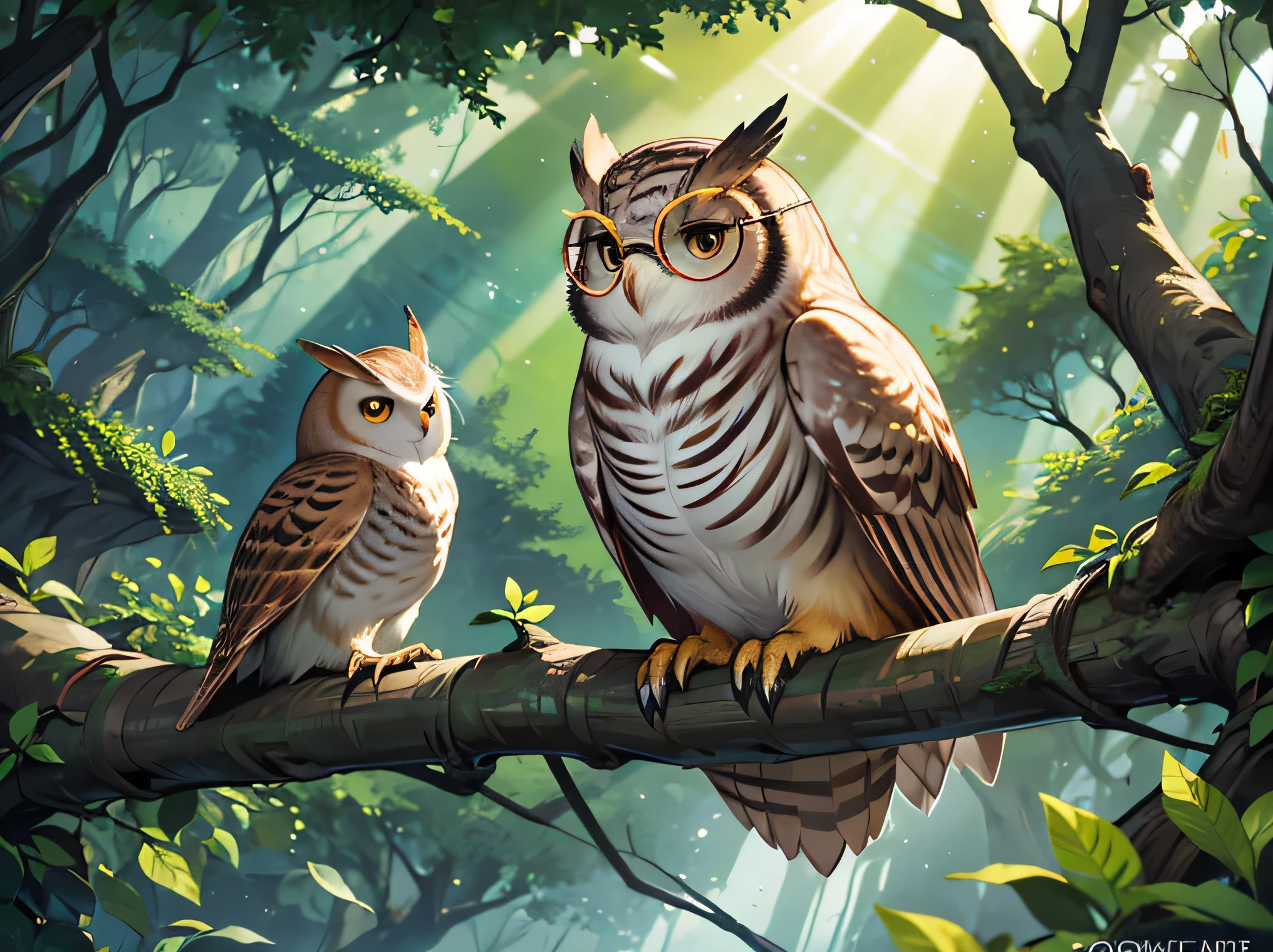 An enchanting illustration depicting a wise owl teacher in a magical forest, perched on a tree branch. The owl is the central figure, with round glasses and a gentle, wise expression. The owl is speaking to a curious little squirrel named Ricky, who looks up attentively with wide, eager eyes. The forest around them is lush and vibrant, with soft sunlight filtering through the trees. In the background, a magical door glows softly, hinting that it will open once the numbers from 1 to 10 are found. The overall atmosphere is whimsical and inviting, with a sense of wonder and adventure. The owl's presence should be prominent, making it the focal point of the scene
