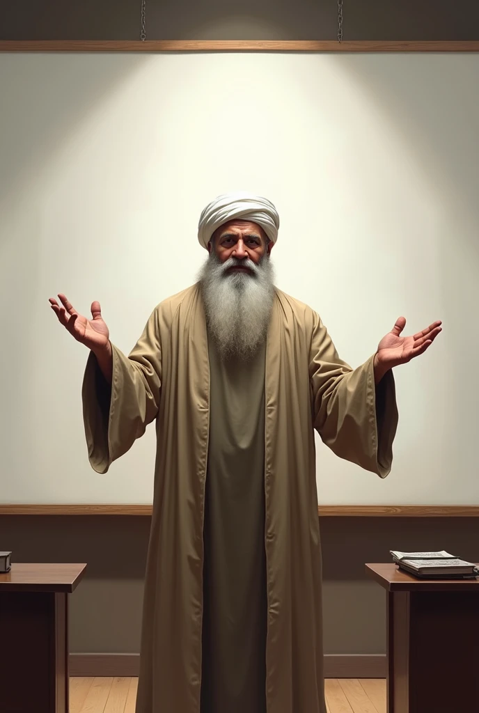 beard muslim man,raise both his palm hands up to the level of his ears