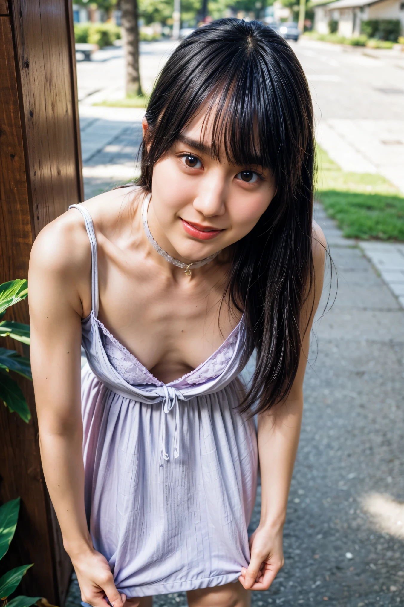 The high resolution photograph of a 23 years old beautiful Japanese woman, (realistic, photo-realistic:1.4), (best quality, masterpiece), 8k, RAW Photo, intricate details, extremely detailed, sharp focus, professional lighting, full body, solo, 1girl, tall, (flat chest:1.3), pale skin, fine-textured skin, straight long black hair, cheerful grin,,,,(loose lilac sundress:1.2), (standing leaning forward, forward bending, downblouse:1.4), (choker, jewelry), high-heel-sandals,,,,(posing for gravure photography, erotic posture), detailed face, detailed beautiful eyes, sophisticated nose, (perfect anatomy, two perfect anatomical arms, two perfect anatomical hands, two perfect anatomical legs),,, photo background, outdoors, blue sky,