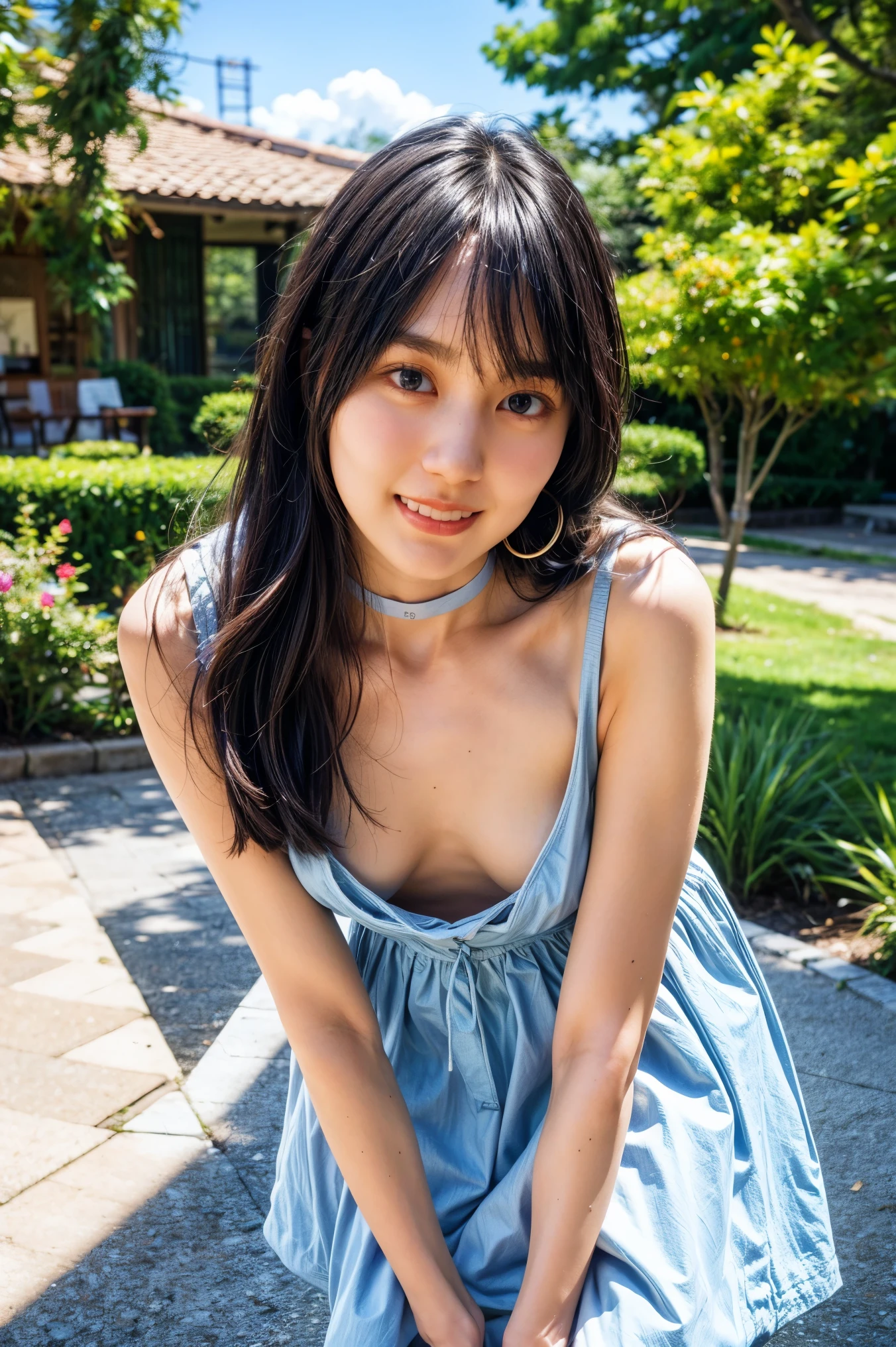 The high resolution photograph of a 23 years old beautiful Japanese woman, (realistic, photo-realistic:1.4), (best quality, masterpiece), 8k, RAW Photo, intricate details, extremely detailed, sharp focus, professional lighting, full body, solo, 1girl, tall, (flat chest:1.3), pale skin, fine-textured skin, straight long black hair, cheerful grin,,,,(loose lilac sundress:1.2), (standing leaning forward, forward bending, downblouse:1.4), (choker, jewelry), high-heel-sandals,,,,(posing for gravure photography, erotic posture), detailed face, detailed beautiful eyes, sophisticated nose, (perfect anatomy, two perfect anatomical arms, two perfect anatomical hands, two perfect anatomical legs),,, photo background, outdoors, blue sky,