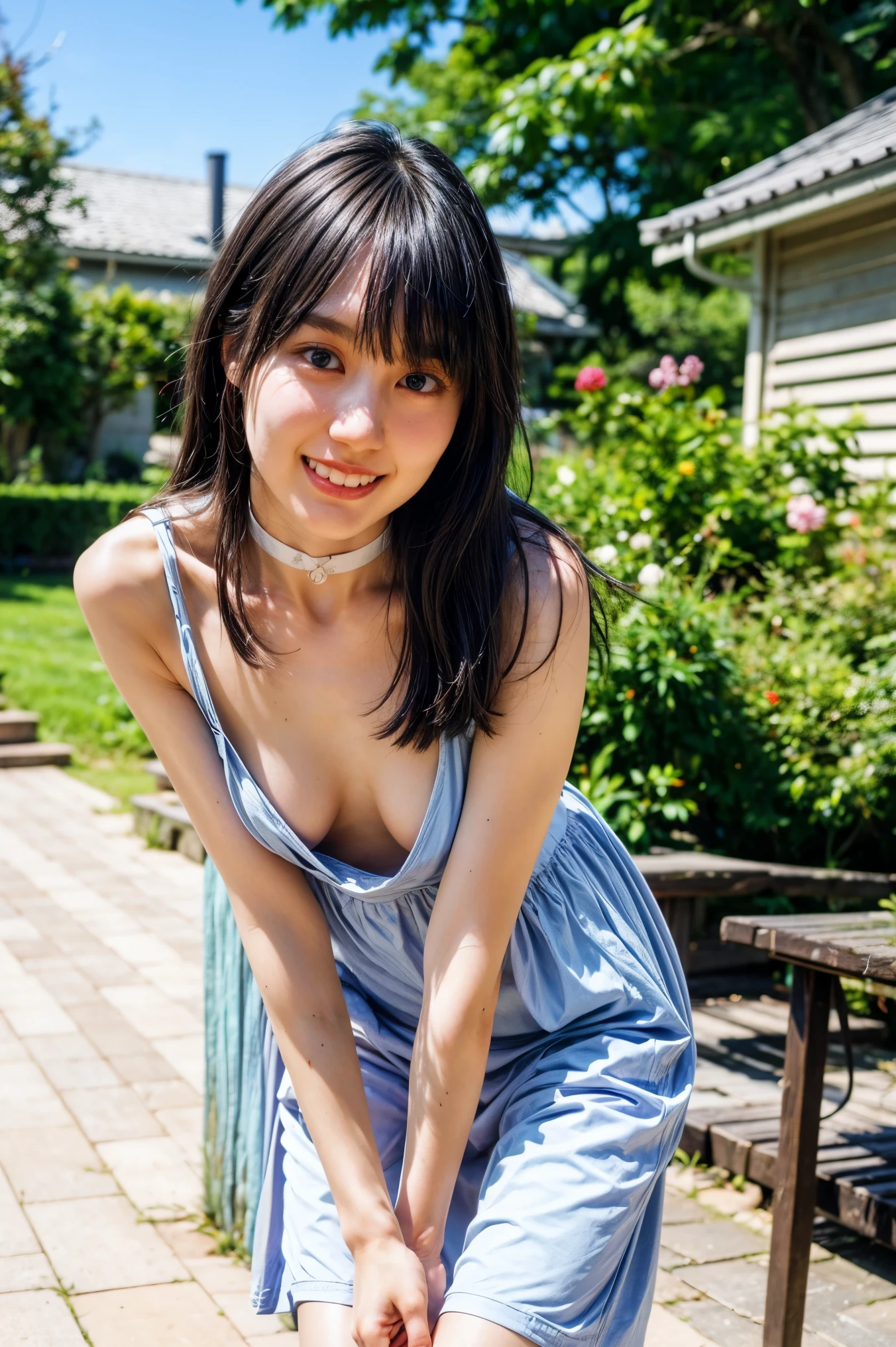 The high resolution photograph of a 23 years old beautiful Japanese woman, (realistic, photo-realistic:1.4), (best quality, masterpiece), 8k, RAW Photo, intricate details, extremely detailed, sharp focus, professional lighting, full body, solo, 1girl, tall, (flat chest:1.3), pale skin, fine-textured skin, straight long black hair, cheerful grin,,,,(loose lilac sundress:1.2), (standing leaning forward, forward bending, downblouse:1.4), (choker, jewelry), high-heel-sandals,,,,(posing for gravure photography, erotic posture), detailed face, detailed beautiful eyes, sophisticated nose, (perfect anatomy, two perfect anatomical arms, two perfect anatomical hands, two perfect anatomical legs),,, photo background, outdoors, blue sky,