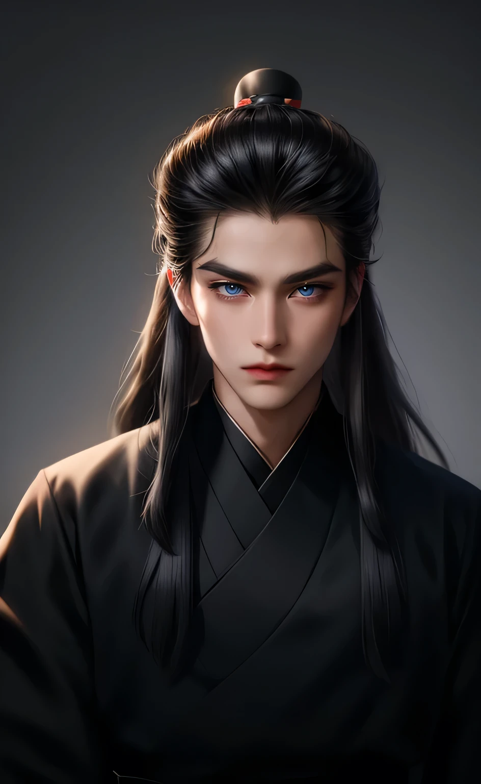 Handsome young man, black, ancient Chinese dress, Han Dynasty, long hair, black granny, face, handsome face, sharp eyebrows, sharp eyes, nose, white skin free