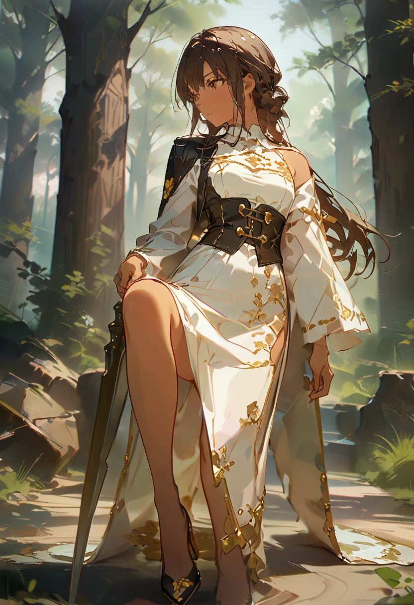 ((masterpiece), (8k) ,(4k) , (best quality), (high quality), (masterpiece)), Solo, ((female), (dark brown hair), (long hair), (brown eyes), (Slightly tanned skin)), look away, ((white dress), (dress to the knee), (dress by the shoulder), (leather corset), (single slit dress), (gold embroidery bottom part of the dress), (black long pants), (pants under dress)), ((carrying spear)), forest background, embroidery clothes, full body, all kind of hairstyle, inspired by Asukaziye artist : ask, art style : ask