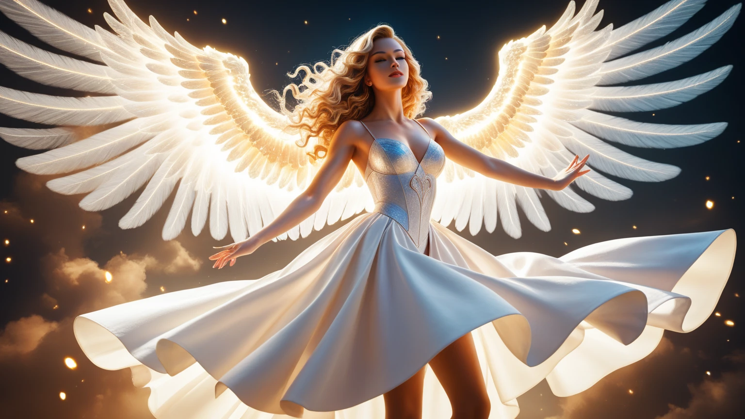 1girl, solo, Emma Watson, angel, angelic creature, fini, beautiful, sexy, hot, cute face, full body, flying, front view, 8k, photo shoot, holding sword