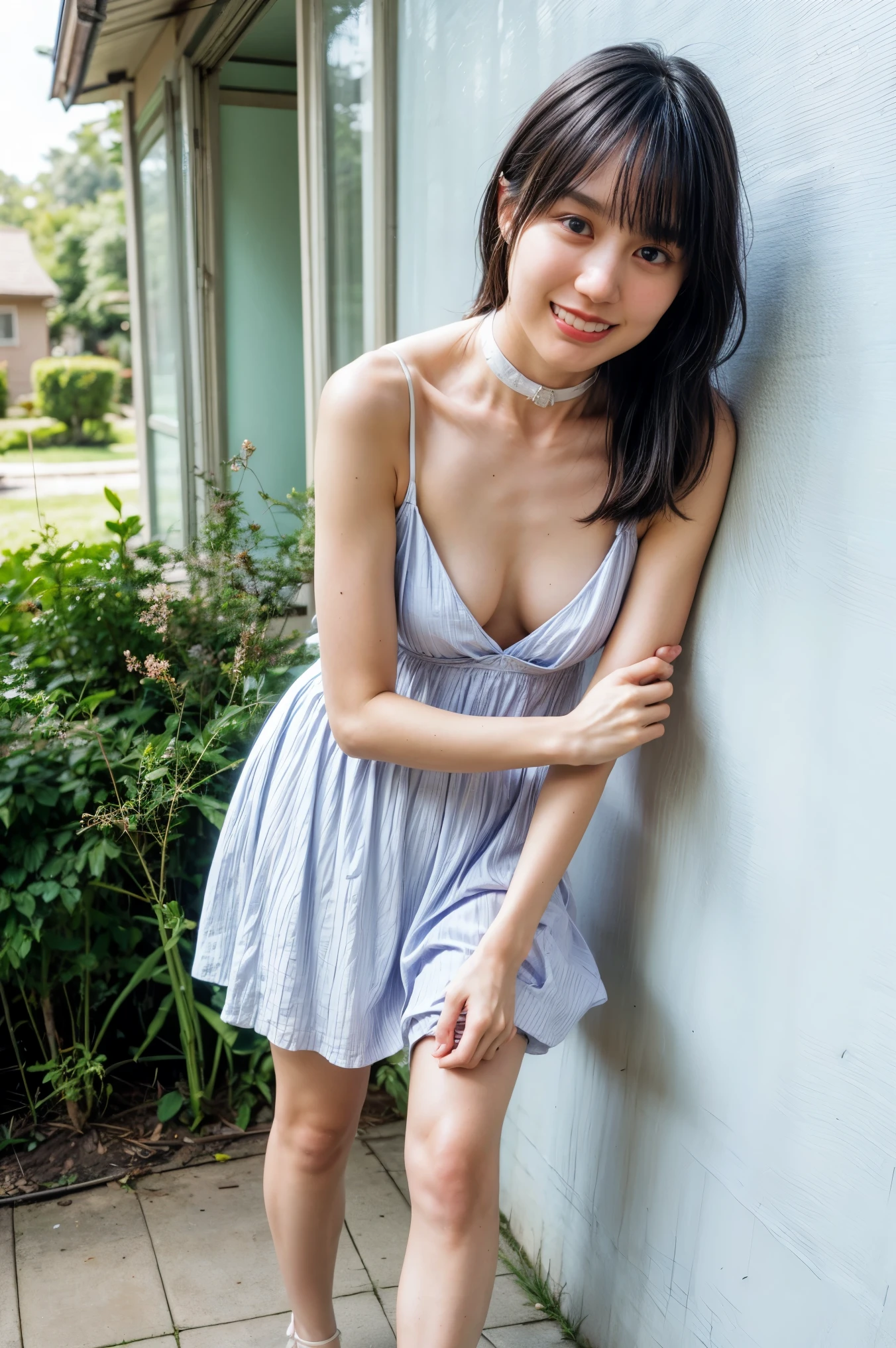 The high resolution photograph of a 23 years old beautiful Japanese woman, (realistic, photo-realistic:1.4), (best quality, masterpiece), 8k, RAW Photo, intricate details, extremely detailed, sharp focus, professional lighting, full body, solo, 1girl, tall, (flat chest:1.3), pale skin, fine-textured skin, straight long black hair, cheerful grin,,,,(loose lilac sundress:1.2), (standing leaning forward, forward bending, downblouse:1.4), (choker, jewelry), high-heel-sandals,,,,(posing for gravure photography, erotic posture), detailed face, detailed beautiful eyes, sophisticated nose, (perfect anatomy, two perfect anatomical arms, two perfect anatomical hands, two perfect anatomical legs),,, photo background, outdoors, blue sky,