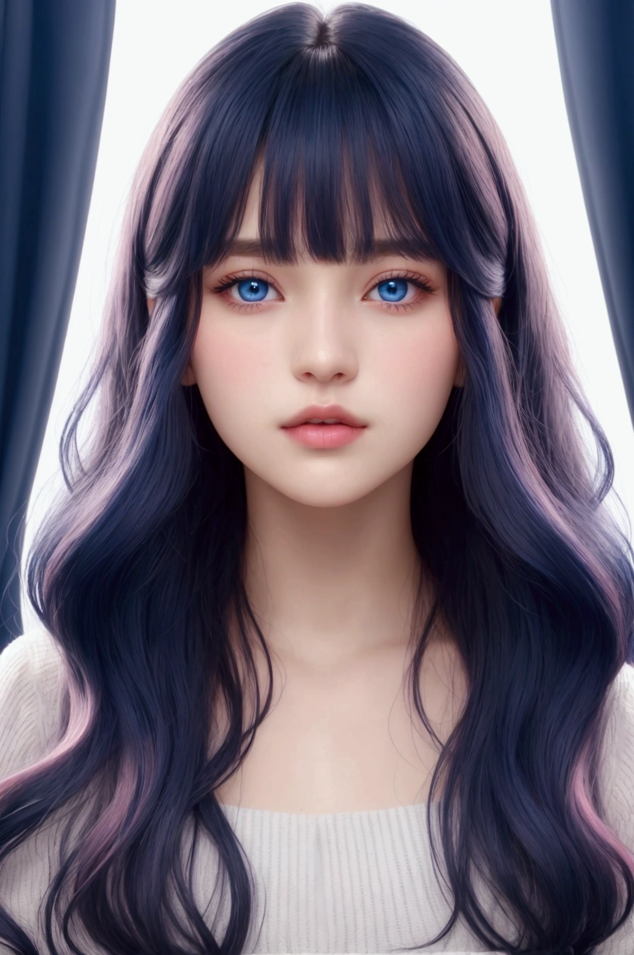 Blunt bangs, dark blue hair, super beautiful face, korean make up, 1 girl, purple eyes, gorgeous hair, close up, portrait, painting, pretty, detailed face