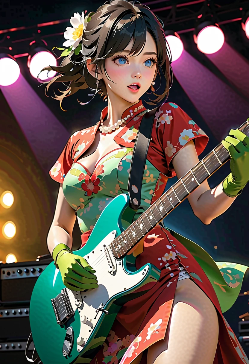 Score 9,Score 8 Up,Score 7 Up,(Best Quality),Electric Guitarを弾いている,(Tabletop, Highest quality), (Dynamic Angle), (Perfect image), (masterpiece, Highest quality, Highest quality, Official Art, beautifully、beautiful:1.2,Cinema Lighting,Ray Tracing), China dress, Green gloves, hair ornaments, pumps, Detachable collar, Pearl Necklace,  capelet , Thigh straps,Open your mouth,Sweat runs down your face,Bright pink blush on the cheek, Perfect Face,Comic Strip, shape, Adult female, Detailed face, Perfect Face, Delicate face, Black Hair , length,delicate and Beautiful Eyes, Beautiful Eyes, Open your mouth,shout,I&#39;m playing with all my might,Mike stand,rock band,8k, wallpaper, Cowboy Shot, reflected light, Most detailed, Complex, Delicate background, Fine skin, (Super Resolution), (rock bandのギタリスト), (Electric Guitar,fender),Live Performance Venues, Lighting, Spotlight