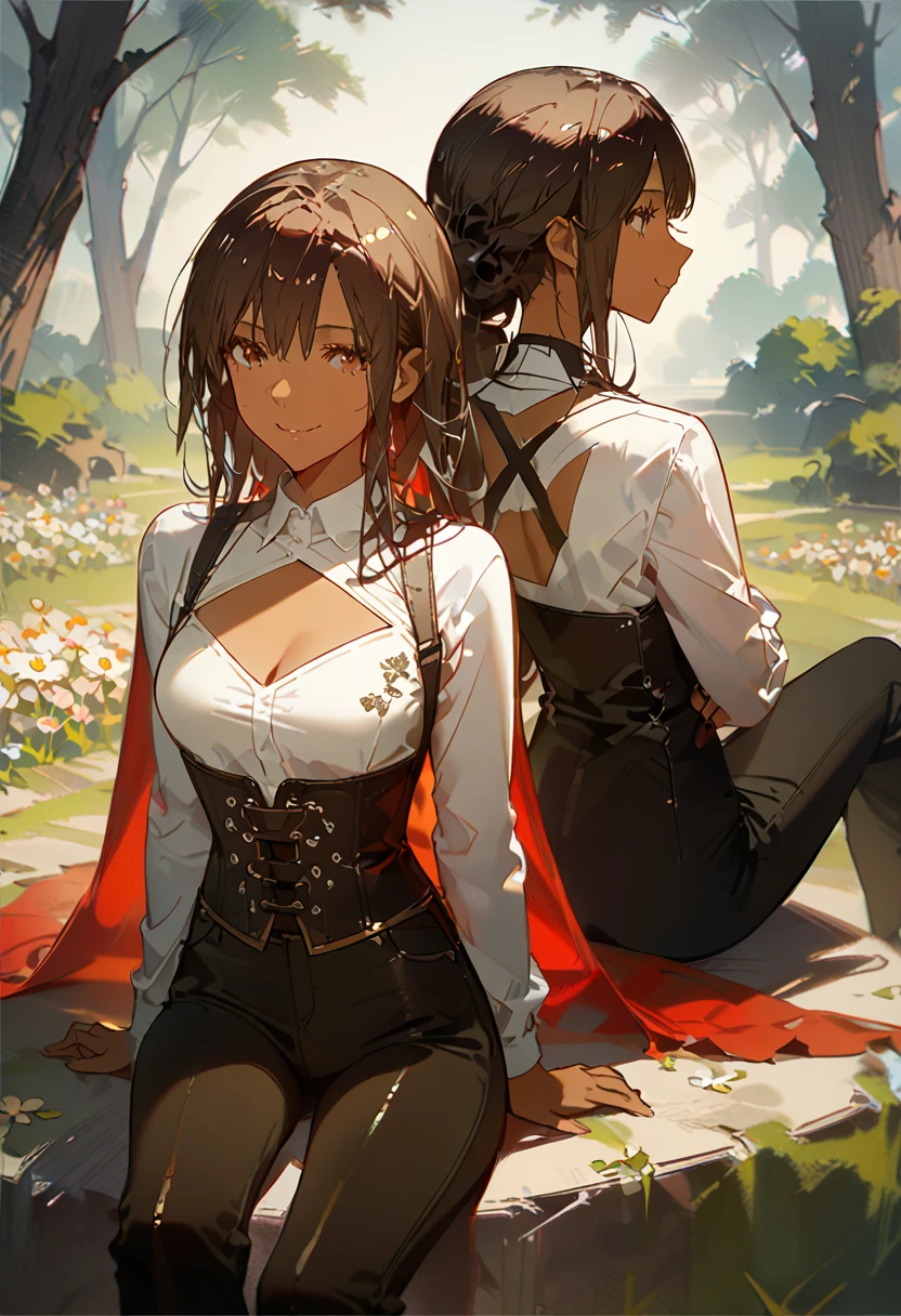 masterpiece, (2 female), (back to back), (backing each other), (backing), ((Front girl with dark brown hair), (slightly tanned skin), (long hair), (brown eyes), (smiling gently), (look away), (white shirt), (shirt by the shoulder), (leather corset), (black long pants), (sitting)), ((Back female on the background), (Lighter skin), (white long hair on the background), (black clothes with red cape), (face slightly facing up)), flower field, forest background, camera pov from above slightly to the side, (only showing black hair female face), (white hair female on the back side), 8k ,4k , best quality, high quality, masterpiece, embroidery  clothes, big chest, all kind of hairstyle, inspired by Asukaziye artist : ask, art style : ask