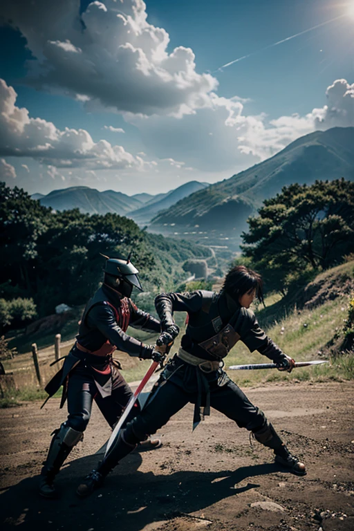 Anime style drawing of sword battling landscape with cyber tech samurai and ninja using their technique power