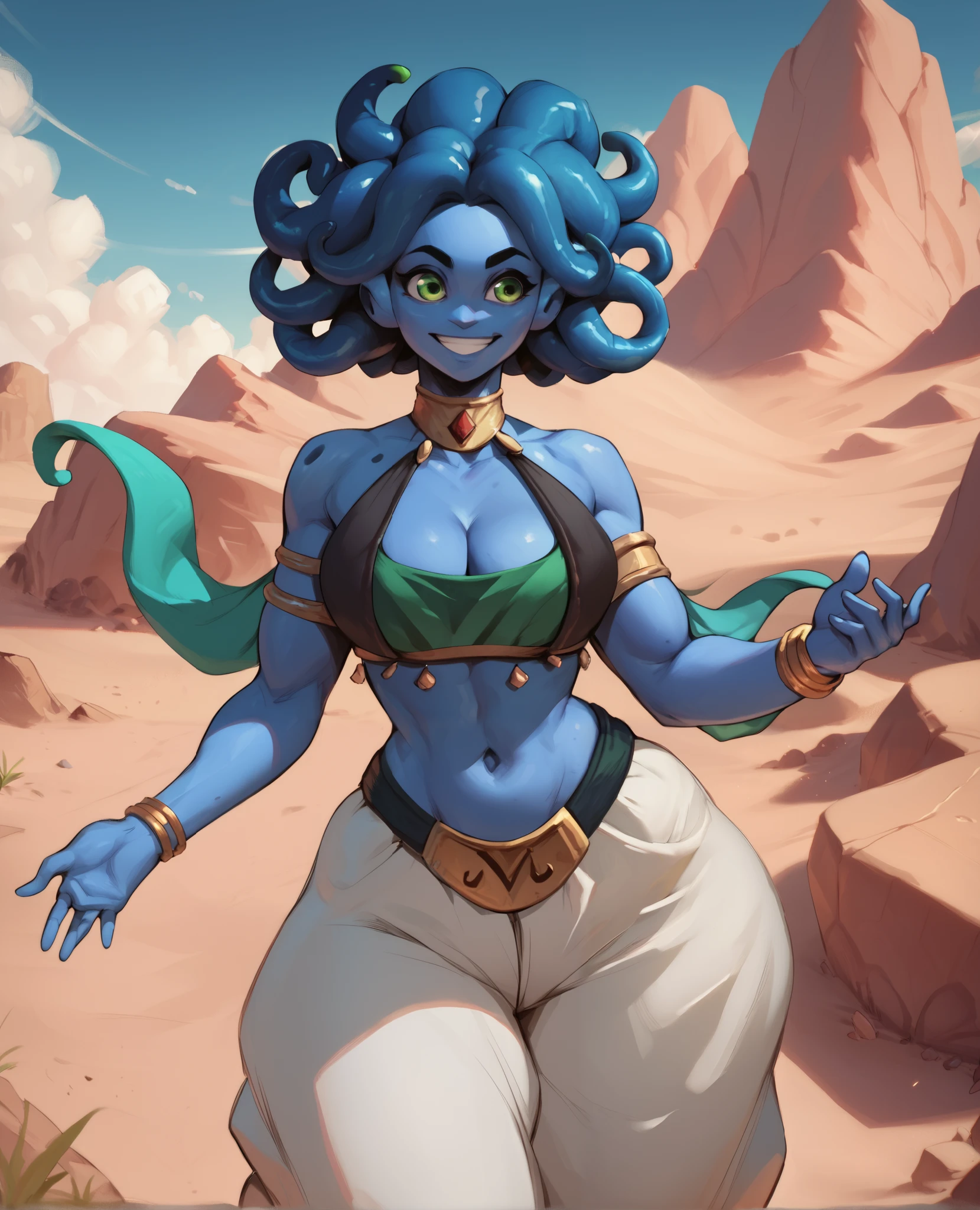 Dark blue skin, green eyes, tentacle hair, dark blue hair, belly dancer outfit, m belt, cleavage, midriff, big hips, smiling, desert, clouds in sky,