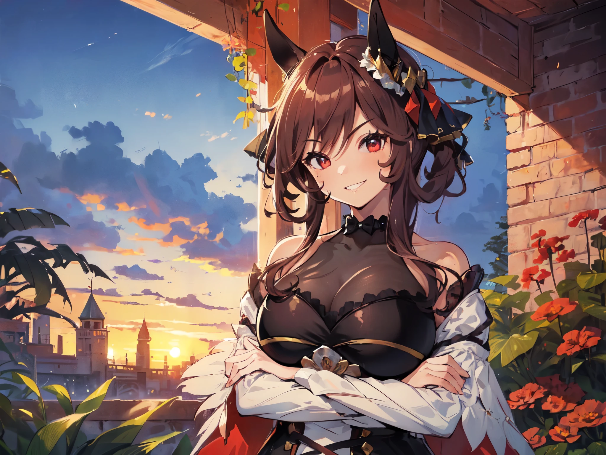 (Solo:2), (1 female:2), (Horse ears, Big breasts, Arms crossed), (Smiling, Looking at camera), (Castle red garden), (Sunset), (Focus on breasts), (Short fingers, Short arms), (Carefully drawn, Great artwork, Top quality, High resolution, 8K, Detailed, Delicate)